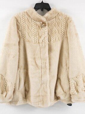 Queenia Short Vegan Faux Fur Jacket Coat Cape with Brooch in Beige Made in Italy